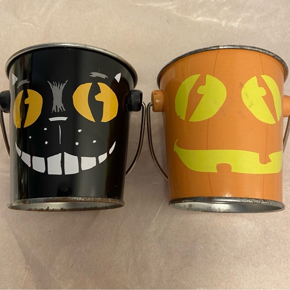 Vintage Halloween Buckets 2 mini pail Black Cat Jack O Lantern pumpkin face 90s - Picture 1 of 16